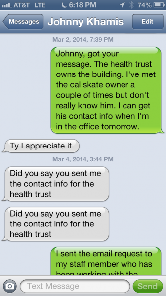 This a screenshot of text messages between San Jose councilmembers Ash Kalra (right column) and Johnny Khamis.