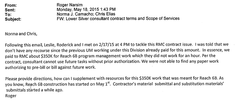 This email shows a water district employee raising concerns that RMC was paid $350,000 for zero work.