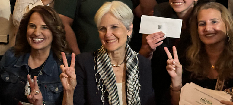 Image for display with article titled Green Party Candidate Jill Stein Responds to ‘Spoiler’ Designation in Talk at San Jose Home